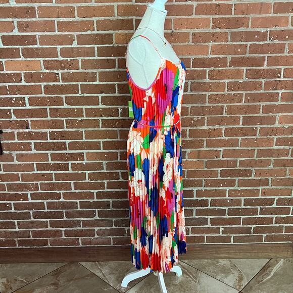 NWT Sam Edelman Retro Multicolor Floral Plisse Midi Flowy Dress Belted Size L - Picture 3 of 9